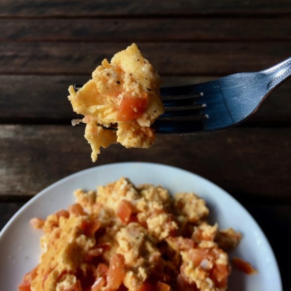 Plate of scrambled eggs and tomato on a white plate and fork holding scrambled eggs